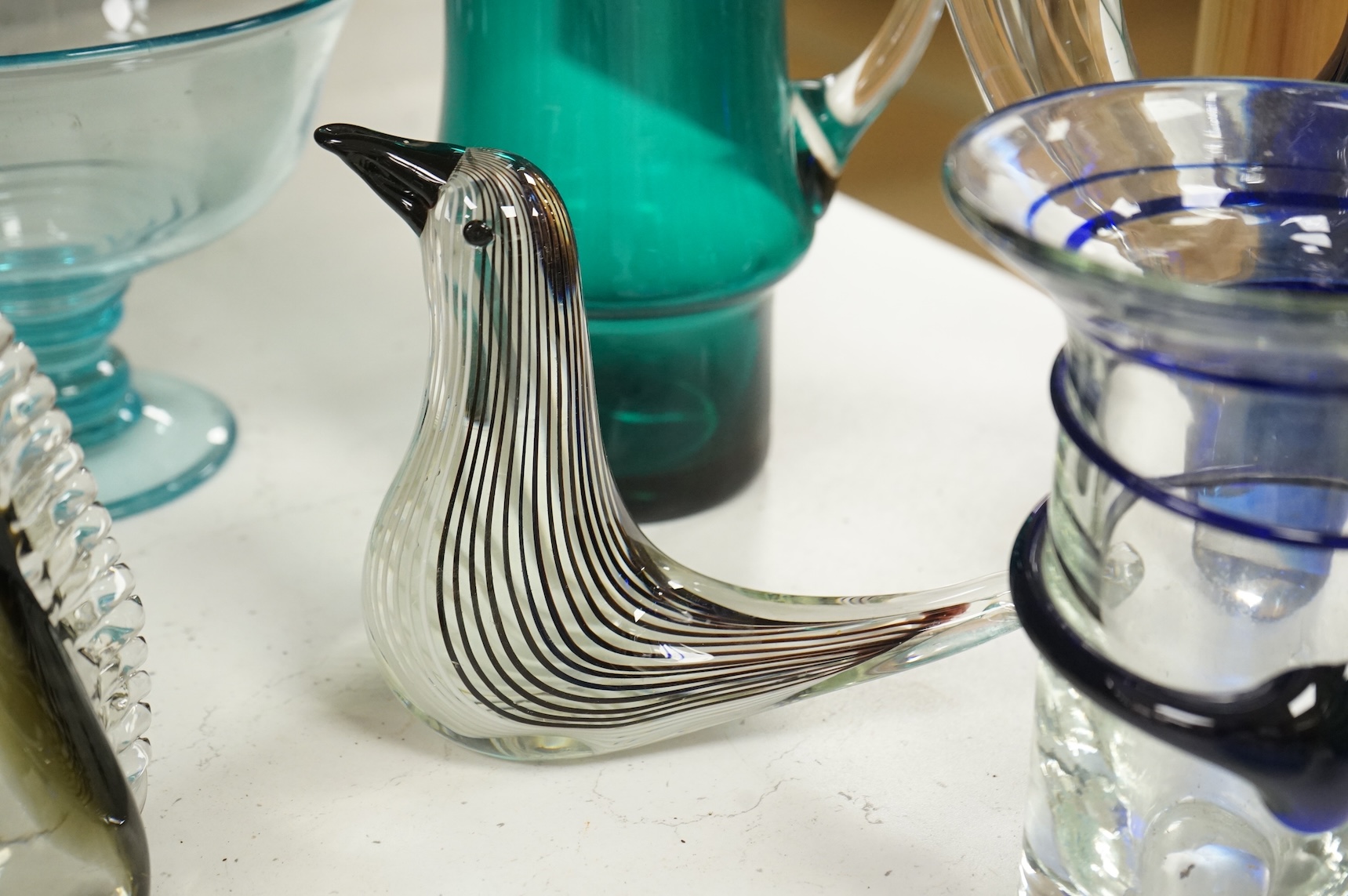 A collection of mid century and later art glass vases and ornaments, largest 39cm high
